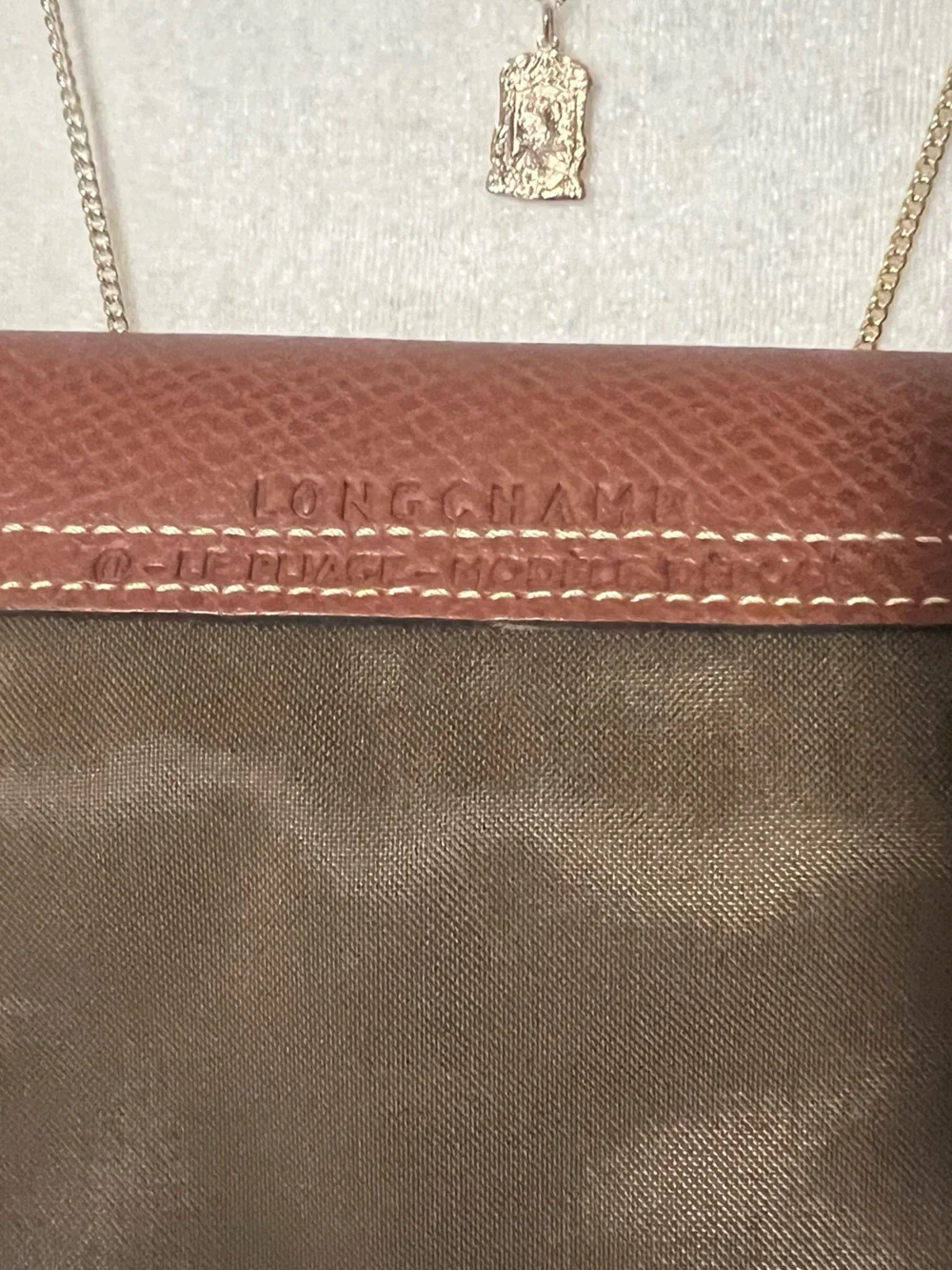 Longchamp Le Pliage Large Tote - Black with Olive Center Panel and Brown Trim